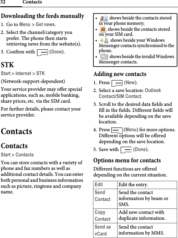 Contacts32Downloading the feeds manually1. Go to Menu &gt; Get news.2. Select the channel/category you prefer. The phone then starts retrieving news from the website(s).3. Confirm with   (Done).STKStart &gt; Internet &gt; STK(Network-support-dependent)Your service provider may offer special applications, such as, mobile banking, share prices, etc. via the SIM card.For further details, please contact your service provider.ContactsContactsStart &gt; ContactsYou can store contacts with a variety of phone and fax numbers as well as additional contact details. You can enter both personal and business information such as picture, ringtone and company name.Adding new contacts1. Press  (New).2. Select a save location: Outlook Contact/SIM Contact.3. Scroll to the desired data fields and fill in the fields. Different fields will be available depending on the save location.4. Press  (Menu) for more options. Different options will be offered depending on the save location.5. Save with   (Done).Options menu for contactsDifferent functions are offered depending on the current situation.•  shows beside the contacts stored in your phone memory;•  shows beside the contacts stored on your SIM card.•  shows beside your Windows Messenger contacts synchronised to the phone.•  shows beside the invalid Windows Messenger contacts.Edit Edit the entry.Send ContactSend the contact information by beam or SMS.Copy ContactAdd new contact with duplicate information.Send as vCardSend the contact information by MMS.