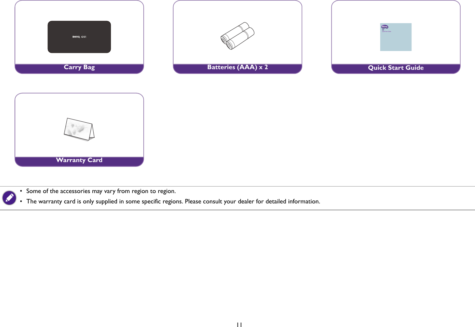   11•  Some of the accessories may vary from region to region.•  The warranty card is only supplied in some specific regions. Please consult your dealer for detailed information.Carry BagBatteries (AAA) x 2GS1Quick Start GuideQuick Start GuideWarranty Card