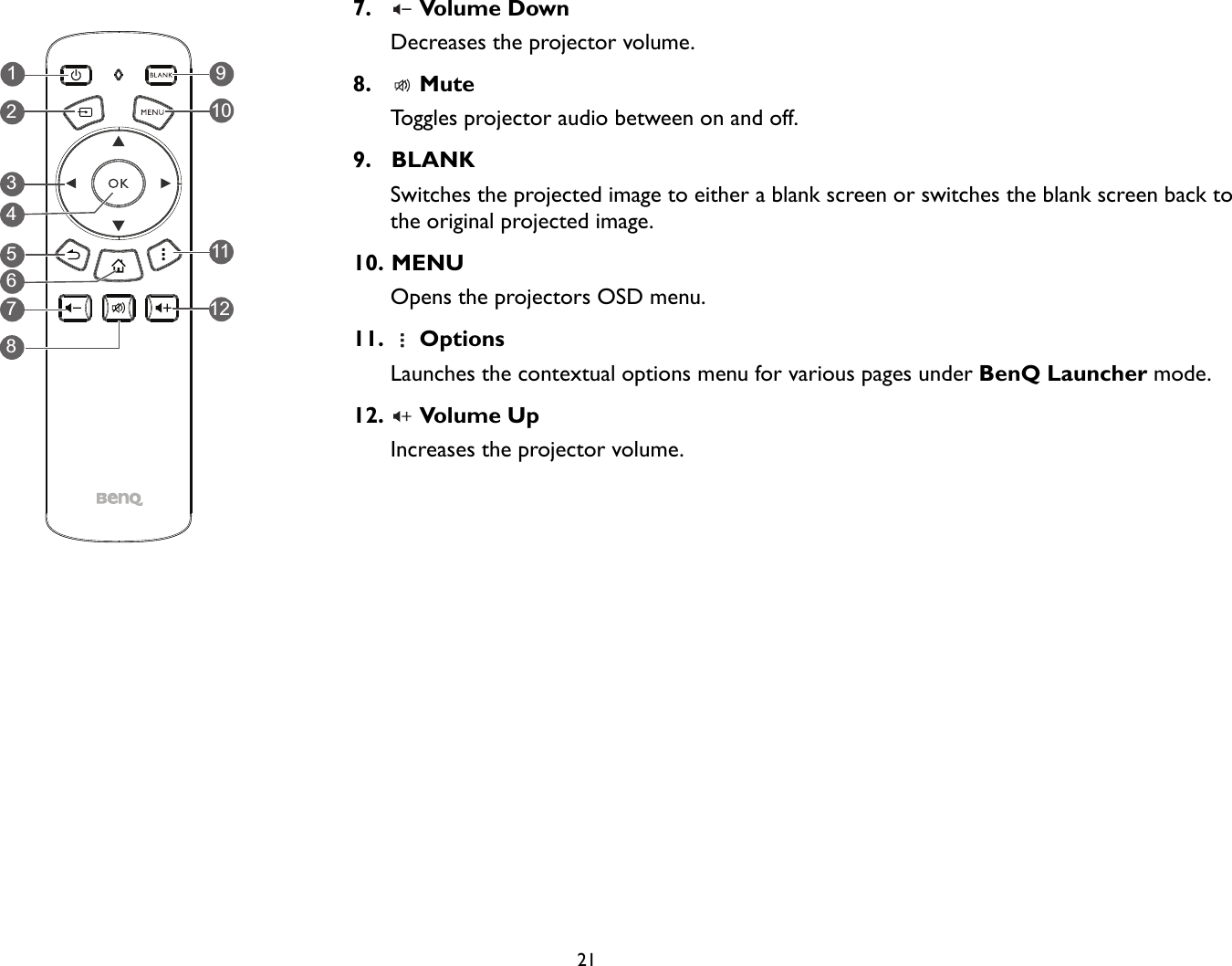   217.   Volume DownDecreases the projector volume.8.    MuteToggles projector audio between on and off.9.  BLANKSwitches the projected image to either a blank screen or switches the blank screen back to the original projected image. 10. MENUOpens the projectors OSD menu.11.  Options Launches the contextual options menu for various pages under BenQ Launcher mode.12.   Volume UpIncreases the projector volume.812345791112610