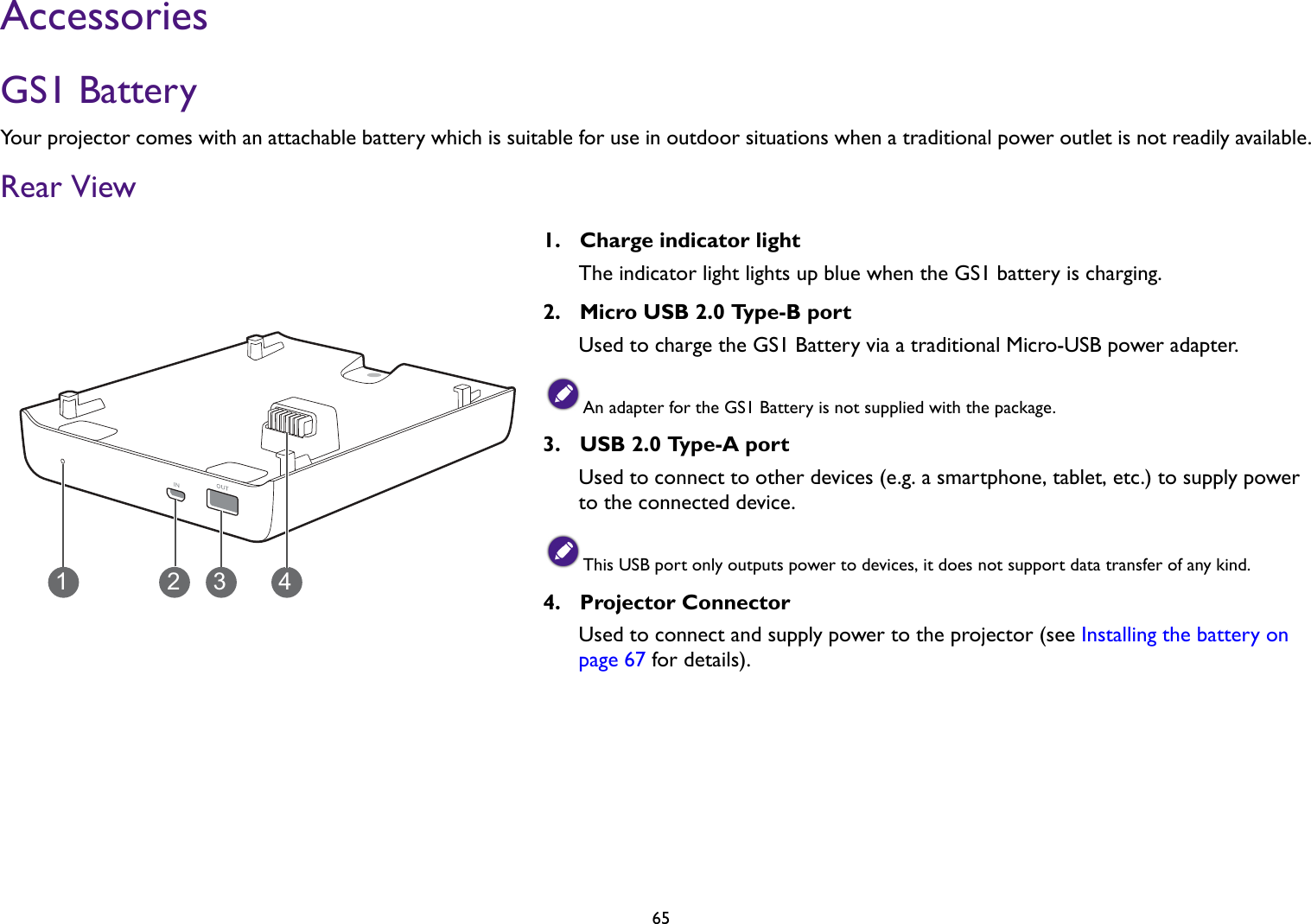   65AccessoriesGS1 BatteryYour projector comes with an attachable battery which is suitable for use in outdoor situations when a traditional power outlet is not readily available.Rear View1.  Charge indicator lightThe indicator light lights up blue when the GS1 battery is charging.2.  Micro USB 2.0 Type-B portUsed to charge the GS1 Battery via a traditional Micro-USB power adapter.An adapter for the GS1 Battery is not supplied with the package.3.  USB 2.0 Type-A portUsed to connect to other devices (e.g. a smartphone, tablet, etc.) to supply power to the connected device.This USB port only outputs power to devices, it does not support data transfer of any kind.4.  Projector ConnectorUsed to connect and supply power to the projector (see Installing the battery on page 67 for details).2431