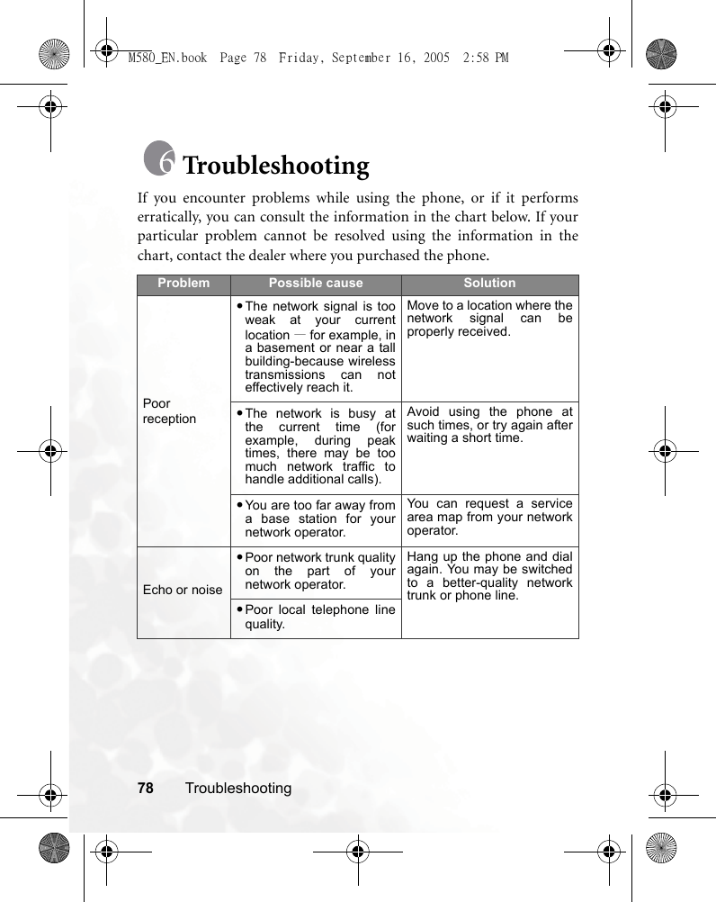 78 TroubleshootingTroubleshootingIf you encounter problems while using the phone, or if it performserratically, you can consult the information in the chart below. If yourparticular problem cannot be resolved using the information in thechart, contact the dealer where you purchased the phone.Problem Possible cause SolutionPoor reception•The network signal is tooweak at your currentlocation —for example, ina basement or near a tallbuilding-because wirelesstransmissions can noteffectively reach it. Move to a location where thenetwork signal can beproperly received.•The network is busy atthe current time (forexample, during peaktimes, there may be toomuch network traffic tohandle additional calls).Avoid using the phone atsuch times, or try again afterwaiting a short time.•You are too far away froma base station for yournetwork operator.You can request a servicearea map from your networkoperator.Echo or noise•Poor network trunk qualityon the part of yournetwork operator.Hang up the phone and dialagain. You may be switchedto a better-quality networktrunk or phone line.•Poor local telephone linequality.M580_EN.book  Page 78  Friday, September 16, 2005  2:58 PM