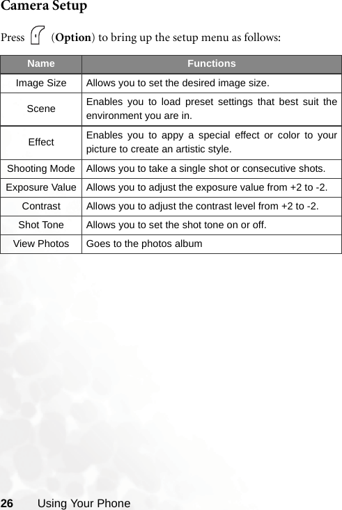 26 Using Your PhoneCamera SetupPress  (Option) to bring up the setup menu as follows:Name FunctionsImage Size Allows you to set the desired image size.Scene Enables you to load preset settings that best suit theenvironment you are in.Effect Enables you to appy a special effect or color to yourpicture to create an artistic style.Shooting Mode Allows you to take a single shot or consecutive shots.Exposure Value Allows you to adjust the exposure value from +2 to -2.Contrast Allows you to adjust the contrast level from +2 to -2.Shot Tone Allows you to set the shot tone on or off.View Photos Goes to the photos album