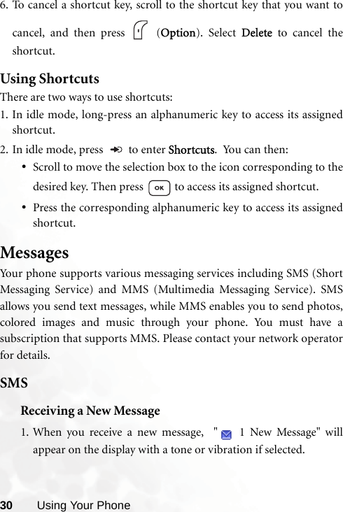 30 Using Your Phone6. To cancel a shortcut key, scroll to the shortcut key that you want tocancel, and then press   (Option). Select Delete to cancel theshortcut. Using ShortcutsThere are two ways to use shortcuts:1. In idle mode, long-press an alphanumeric key to access its assignedshortcut.2. In idle mode, press   to enter Shortcuts.  You can then:•Scroll to move the selection box to the icon corresponding to thedesired key. Then press   to access its assigned shortcut.•Press the corresponding alphanumeric key to access its assignedshortcut.MessagesYour phone supports various messaging services including SMS (ShortMessaging Service) and MMS (Multimedia Messaging Service). SMSallows you send text messages, while MMS enables you to send photos,colored images and music through your phone. You must have asubscription that supports MMS. Please contact your network operatorfor details.SMSReceiving a New Message1. When you receive a new message,  &quot;  1 New Message&quot; willappear on the display with a tone or vibration if selected.