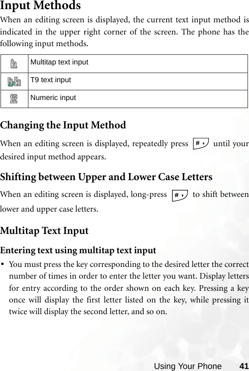 Using Your Phone 41Input MethodsWhen an editing screen is displayed, the current text input method isindicated in the upper right corner of the screen. The phone has thefollowing input methods.   Changing the Input MethodWhen an editing screen is displayed, repeatedly press   until yourdesired input method appears.Shifting between Upper and Lower Case LettersWhen an editing screen is displayed, long-press   to shift betweenlower and upper case letters.Multitap Text InputEntering text using multitap text input •You must press the key corresponding to the desired letter the correctnumber of times in order to enter the letter you want. Display lettersfor entry according to the order shown on each key. Pressing a keyonce will display the first letter listed on the key, while pressing ittwice will display the second letter, and so on.Multitap text inputT9 text inputNumeric input