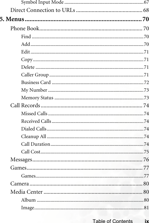 ixTable of ContentsSymbol Input Mode ...............................................................67Direct Connection to URLs ............................................... 685. Menus.........................................................................70Phone Book......................................................................... 70Find .........................................................................................70Add..........................................................................................70Edit ..........................................................................................71Copy ........................................................................................71Delete ......................................................................................71Caller Group ...........................................................................71Business Card .........................................................................72My Number ............................................................................73Memory Status .......................................................................73Call Records ........................................................................ 74Missed Calls ............................................................................74Received Calls .........................................................................74Dialed Calls.............................................................................74Cleanup All .............................................................................74Call Duration..........................................................................74Call Cost..................................................................................75Messages.............................................................................. 76Games.................................................................................. 77Games......................................................................................77Camera ................................................................................ 80Media Center ...................................................................... 80Album .....................................................................................80Image.......................................................................................81