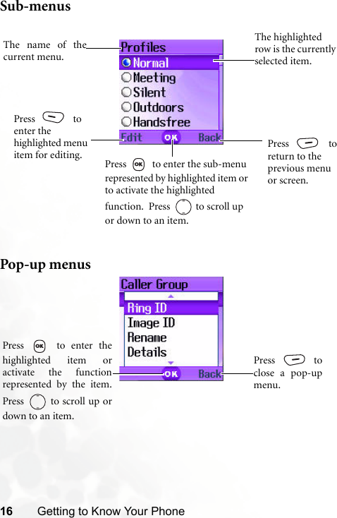 16 Getting to Know Your PhoneSub-menusPop-up menusPress    to return to the previous menu or screen.Press   to enter the sub-menu represented by highlighted item or to activate the highlighted function.  Press  to scroll up or down to an item.The highlighted row is the currently selected item.The name of thecurrent menu.Press   to enter the highlighted menu item for editing.Press   to enter thehighlighted item oractivate the functionrepresented by the item.Press   to scroll up ordown to an item.Press  toclose a pop-upmenu.