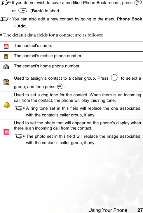 Using Your Phone 278If you do not wish to save a modified Phone Book record, press or  (Back) to abort.8You can also add a new contact by going to the menu Phone Book→ Add.•The default data fields for a contact are as follows:The contact&apos;s name.The contact&apos;s mobile phone number.The contact&apos;s home phone number.Used to assign a contact to a caller group. Press    to select agroup, and then press  .Used to set a ring tone for the contact. When there is an incomingcall from the contact, the phone will play this ring tone.8A ring tone set in this field will replace the one associatedwith the contact&apos;s caller group, if any.Used to set the photo that will appear on the phone&apos;s display whenthere is an incoming call from the contact.8The photo set in this field will replace the image associatedwith the contact&apos;s caller group, if any.