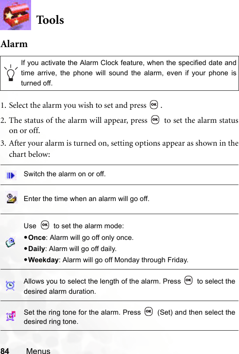 84 MenusToolsAlarm1. Select the alarm you wish to set and press  .2. The status of the alarm will appear, press   to set the alarm statuson or off.3. After your alarm is turned on, setting options appear as shown in thechart below:If you activate the Alarm Clock feature, when the specified date andtime arrive, the phone will sound the alarm, even if your phone isturned off.Switch the alarm on or off.Enter the time when an alarm will go off.Use  to set the alarm mode:•Once: Alarm will go off only once.•Daily: Alarm will go off daily.•Weekday: Alarm will go off Monday through Friday.Allows you to select the length of the alarm. Press   to select thedesired alarm duration.Set the ring tone for the alarm. Press   (Set) and then select thedesired ring tone.