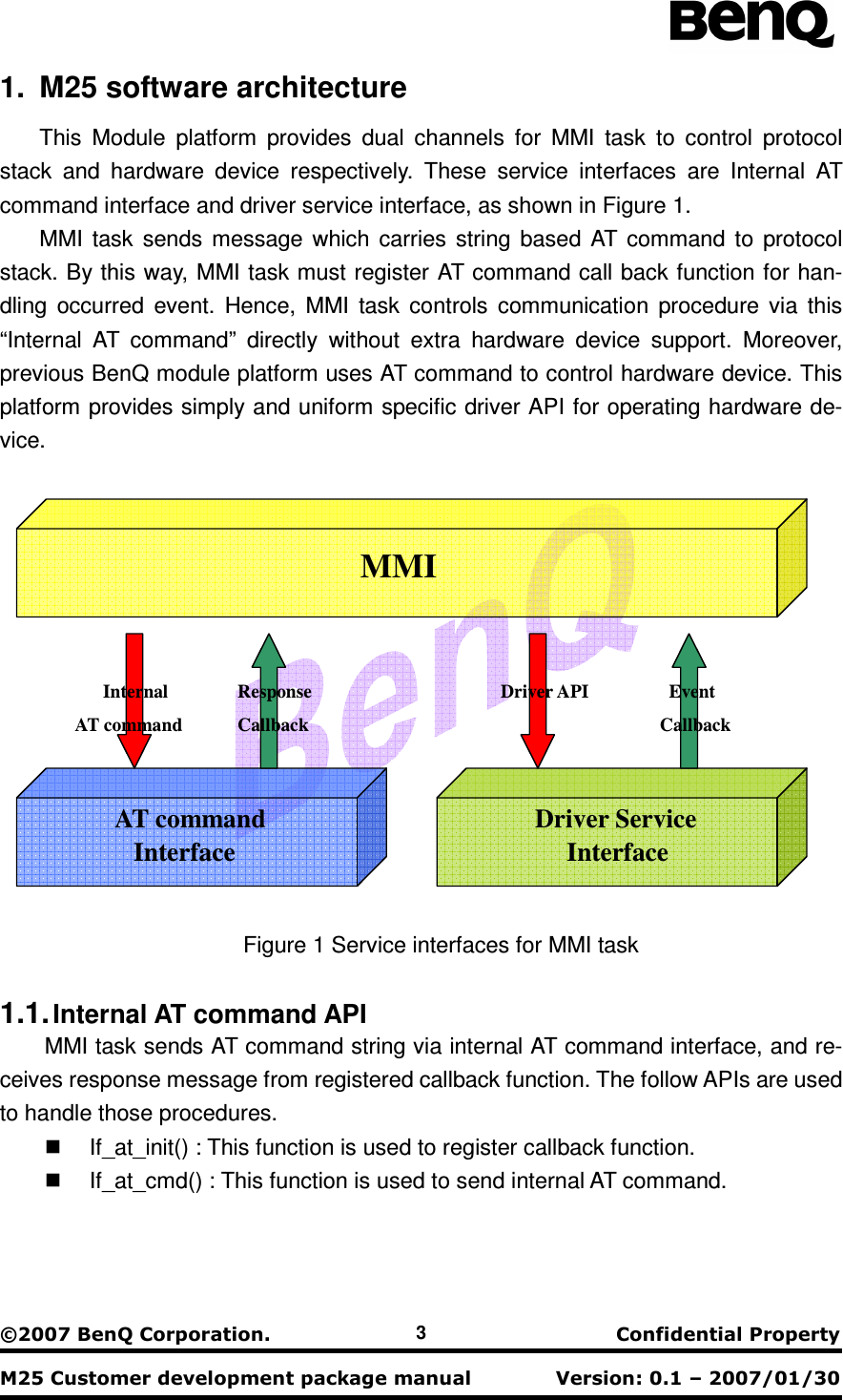                                                    !&quot;#$&quot;$% 3 1.  M25 software architecture This  Module  platform  provides  dual  channels  for  MMI  task  to  control  protocol stack  and  hardware  device  respectively.  These  service  interfaces  are  Internal  AT command interface and driver service interface, as shown in Figure 1. MMI  task  sends  message  which  carries  string  based  AT  command  to  protocol stack. By this way, MMI task must register AT command call back function for han-dling  occurred  event.  Hence,  MMI  task  controls  communication  procedure  via  this “Internal  AT  command”  directly  without  extra  hardware  device  support.  Moreover, previous BenQ module platform uses AT command to control hardware device. This platform provides simply and uniform specific driver API for operating hardware de-vice. Figure 1 Service interfaces for MMI task  1.1. Internal AT command API MMI task sends AT command string via internal AT command interface, and re-ceives response message from registered callback function. The follow APIs are used to handle those procedures.   If_at_init() : This function is used to register callback function.   If_at_cmd() : This function is used to send internal AT command.    MMI          AT command   Interface          Driver Service         Interface             Internal       AT command        Response             Callback       Driver API                   Event                 Callback 