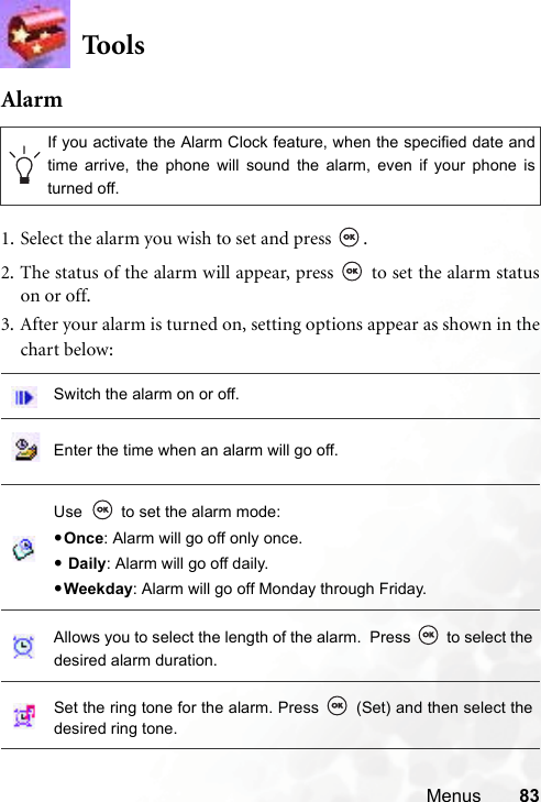 Menus 83Tool sAlarm1. Select the alarm you wish to set and press  .2. The status of the alarm will appear, press   to set the alarm statuson or off.3. After your alarm is turned on, setting options appear as shown in thechart below:If you activate the Alarm Clock feature, when the specified date andtime arrive, the phone will sound the alarm, even if your phone isturned off.Switch the alarm on or off.Enter the time when an alarm will go off.Use  to set the alarm mode:•Once: Alarm will go off only once.• Daily: Alarm will go off daily.•Weekday: Alarm will go off Monday through Friday.Allows you to select the length of the alarm.  Press   to select thedesired alarm duration.Set the ring tone for the alarm. Press   (Set) and then select thedesired ring tone.