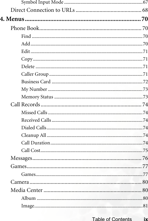 ixTable of ContentsSymbol Input Mode ...............................................................67Direct Connection to URLs ............................................... 684. Menus.........................................................................70Phone Book......................................................................... 70Find .........................................................................................70Add..........................................................................................70Edit ..........................................................................................71Copy ........................................................................................71Delete ......................................................................................71Caller Group ...........................................................................71Business Card .........................................................................72My Number ............................................................................73Memory Status .......................................................................73Call Records ........................................................................ 74Missed Calls ............................................................................74Received Calls .........................................................................74Dialed Calls.............................................................................74Cleanup All .............................................................................74Call Duration..........................................................................74Call Cost..................................................................................75Messages.............................................................................. 76Games.................................................................................. 77Games......................................................................................77Camera ................................................................................ 80Media Center ...................................................................... 80Album .....................................................................................80Image.......................................................................................81
