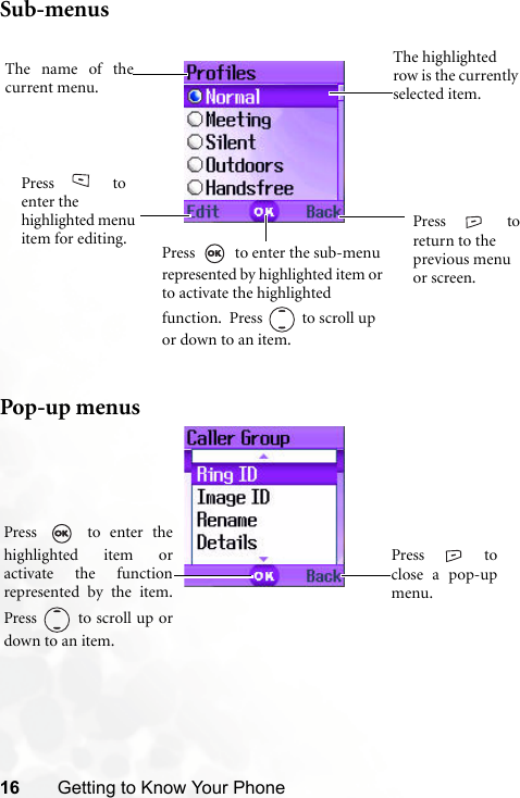 16 Getting to Know Your PhoneSub-menusPop-up menusPress    to return to the previous menu or screen.Press   to enter the sub-menu represented by highlighted item or to activate the highlighted function.  Press  to scroll up or down to an item.The highlighted row is the currently selected item.The name of thecurrent menu.Press   to enter the highlighted menu item for editing.Press   to enter thehighlighted item oractivate the functionrepresented by the item.Press   to scroll up ordown to an item.Press  toclose a pop-upmenu.