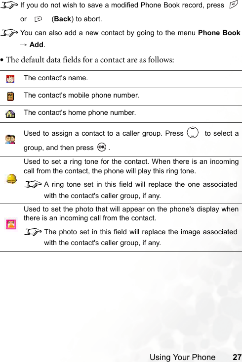 Using Your Phone 278If you do not wish to save a modified Phone Book record, press or  (Back) to abort.8You can also add a new contact by going to the menu Phone Book→ Add.•The default data fields for a contact are as follows:The contact&apos;s name.The contact&apos;s mobile phone number.The contact&apos;s home phone number.Used to assign a contact to a caller group. Press    to select agroup, and then press  .Used to set a ring tone for the contact. When there is an incomingcall from the contact, the phone will play this ring tone.8A ring tone set in this field will replace the one associatedwith the contact&apos;s caller group, if any.Used to set the photo that will appear on the phone&apos;s display whenthere is an incoming call from the contact.8The photo set in this field will replace the image associatedwith the contact&apos;s caller group, if any.