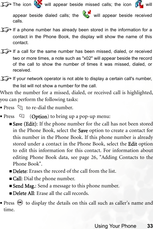 Using Your Phone 338The icon   will appear beside missed calls; the icon   willappear beside dialed calls; the   will appear beside receivedcalls.8If a phone number has already been stored in the information for acontact in the Phone Book, the display will show the name of thiscontact.8If a call for the same number has been missed, dialed, or receivedtwo or more times, a note such as &quot;x02&quot; will appear beside the recordof the call to show the number of times it was missed, dialed, orreceived.8If your network operator is not able to display a certain call&apos;s number,the list will not show a number for the call.When the number for a missed, dialed, or received call is highlighted,you can perform the following tasks:•Press   to re-dial the number.•Press  (Option) to bring up a pop-up menu:Save (Edit): If the phone number for the call has not been storedin the Phone Book, select the Save option to create a contact forthis number in the Phone Book. If this phone number is alreadystored under a contact in the Phone Book, select the Edit optionto edit this information for this contact. For information aboutediting Phone Book data, see page 26, &quot;Adding Contacts to thePhone Book&quot;.Delete: Erases the record of the call from the list.Call: Dial the phone number.Send Msg.: Send a message to this phone number.Delete All: Erase all the call records.•Press   to display the details on this call such as caller&apos;s name andtime.