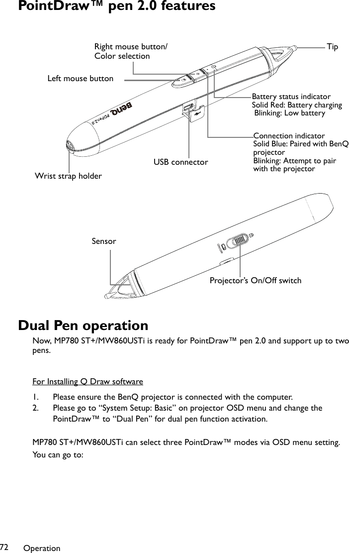 Operation72PointDraw™ pen 2.0 featuresDual Pen operationNow, MP780 ST+/MW860USTi is ready for PointDraw™ pen 2.0 and support up to two pens.For Installing Q Draw software1. Please ensure the BenQ projector is connected with the computer.2. Please go to “System Setup: Basic” on projector OSD menu and change the PointDraw™ to “Dual Pen” for dual pen function activation.MP780 ST+/MW860USTi can select three PointDraw™ modes via OSD menu setting.You can go to: Right mouse button/Color selectionLeft mouse buttonTipBattery status indicatorSolid Red: Battery charging Blinking: Low batteryConnection indicatorSolid Blue: Paired with BenQ projectorBlinking: Attempt to pair with the projectorUSB connectorWrist strap holderProjector’s On/Off switchSensor
