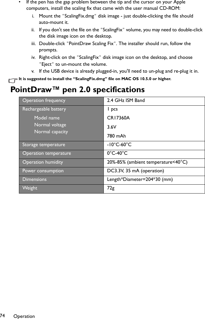 Operation74• If the pen has the gap problem between the tip and the cursor on your Apple computers, install the scaling fix that came with the user manual CD-ROM: i. Mount the &quot;ScalingFix.dmg&quot; disk image - just double-clicking the file should auto-mount it.ii. If you don&apos;t see the file on the &quot;ScalingFix&quot; volume, you may need to double-click the disk image icon on the desktop.iii. Double-click &quot;PointDraw Scaling Fix&quot;. The installer should run, follow the prompts.iv. Right-click on the &quot;ScalingFix&quot; disk image icon on the desktop, and choose &quot;Eject&quot; to un-mount the volume.v. If the USB device is already plugged-in, you&apos;ll need to un-plug and re-plug it in.It is suggested to install the “ScalingFix.dmg” file on MAC OS 10.5.0 or higher.PointDraw™ pen 2.0 specificationsOperation frequency 2.4 GHz ISM BandRechargeable batteryModel nameNormal voltageNormal capacity1 pcsCR17360A3.6V780 mAhStorage temperature -10°C-60°COperation temperature 0°C-40°COperation humidity 20%-85% (ambient temperature&lt;40°C)Power consumption DC3.3V, 35 mA (operation)Dimensions Length*Diameter=204*30 (mm)Weight 72g