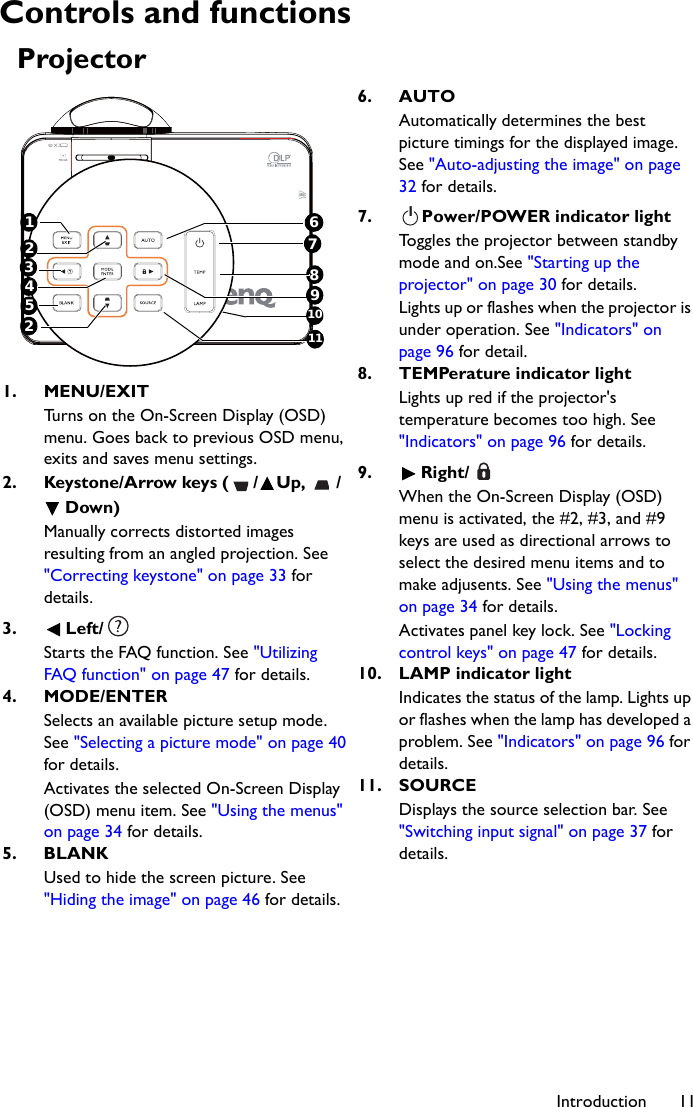 Introduction 11Controls and functionsProjector6. AUTOAutomatically determines the best picture timings for the displayed image. See &quot;Auto-adjusting the image&quot; on page 32 for details.7. Power/POWER indicator lightToggles the projector between standby mode and on.See &quot;Starting up the projector&quot; on page 30 for details.Lights up or flashes when the projector is under operation. See &quot;Indicators&quot; on page 96 for detail.8. TEMPerature indicator lightLights up red if the projector&apos;s temperature becomes too high. See &quot;Indicators&quot; on page 96 for details.9. Right/When the On-Screen Display (OSD) menu is activated, the #2, #3, and #9 keys are used as directional arrows to select the desired menu items and to make adjusents. See &quot;Using the menus&quot; on page 34 for details.Activates panel key lock. See &quot;Locking control keys&quot; on page 47 for details.10. LAMP indicator lightIndicates the status of the lamp. Lights up or flashes when the lamp has developed a problem. See &quot;Indicators&quot; on page 96 for details.11. SOURCEDisplays the source selection bar. See &quot;Switching input signal&quot; on page 37 for details.1. MENU/EXITTurns on the On-Screen Display (OSD) menu. Goes back to previous OSD menu, exits and saves menu settings.2. Keystone/Arrow keys ( / Up,  /Down)Manually corrects distorted images resulting from an angled projection. See &quot;Correcting keystone&quot; on page 33 for details.3. Left/Starts the FAQ function. See &quot;Utilizing FAQ function&quot; on page 47 for details.4. MODE/ENTERSelects an available picture setup mode. See &quot;Selecting a picture mode&quot; on page 40 for details.Activates the selected On-Screen Display (OSD) menu item. See &quot;Using the menus&quot; on page 34 for details.5. BLANKUsed to hide the screen picture. See &quot;Hiding the image&quot; on page 46 for details.76235412891011II