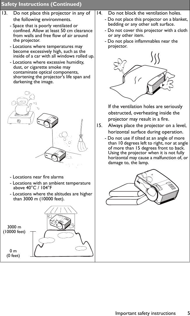 Important safety instructions 5  Safety Instructions (Continued)13. Do not place this projector in any of the following environments.- Space that is poorly ventilated or confined. Allow at least 50 cm clearance from walls and free flow of air around the projector. - Locations where temperatures may become excessively high, such as the inside of a car with all windows rolled up.- Locations where excessive humidity, dust, or cigarette smoke may contaminate optical components, shortening the projector&apos;s life span and darkening the image.- Locations near fire alarms- Locations with an ambient temperature above 40°C / 104°F- Locations where the altitudes are higher than 3000 m (10000 feet).14. Do not block the ventilation holes. - Do not place this projector on a blanket, bedding or any other soft surface. - Do not cover this projector with a cloth or any other item. - Do not place inflammables near the projector.   If the ventilation holes are seriously obstructed, overheating inside the projector may result in a fire.15. Always place the projector on a level, horizontal surface during operation.- Do not use if tilted at an angle of more than 10 degrees left to right, nor at angle of more than 15 degrees front to back. Using the projector when it is not fully horizontal may cause a malfunction of, or damage to, the lamp. 3000 m(10000 feet)0 m(0 feet)