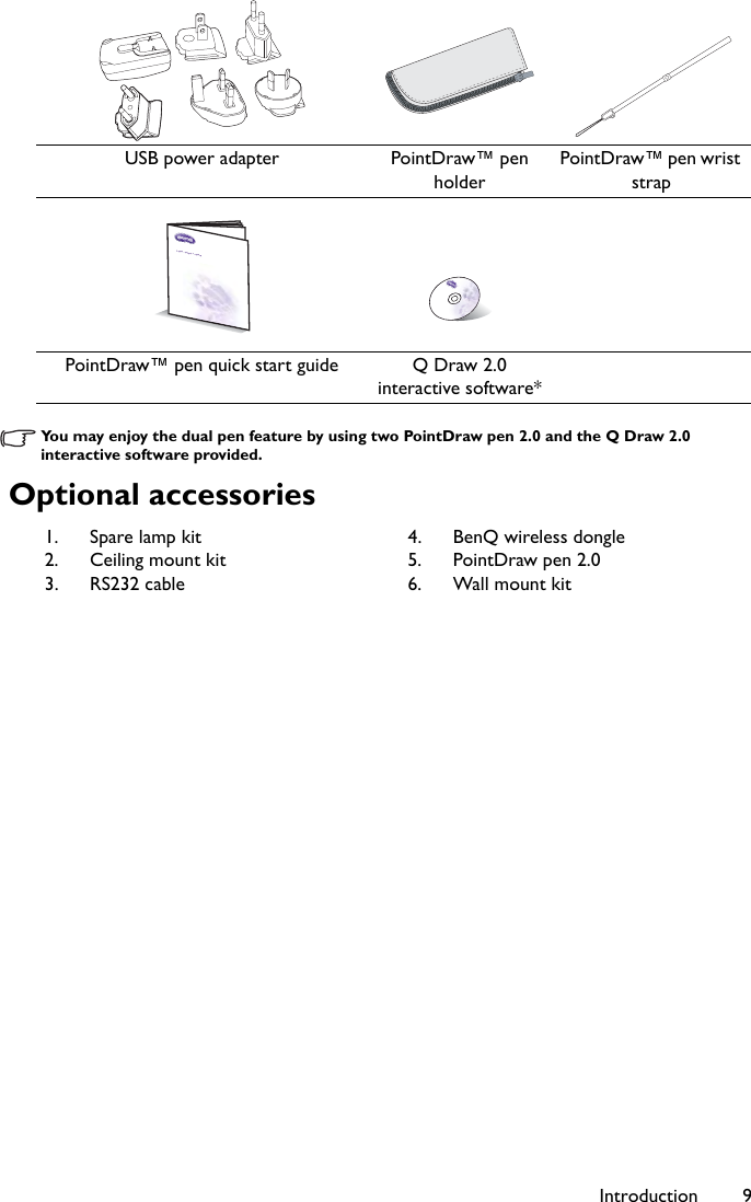 Introduction 9You may enjoy the dual pen feature by using two PointDraw pen 2.0 and the Q Draw 2.0 interactive software provided.Optional accessoriesUSB power adapter PointDraw™ pen holderPointDraw™ pen wrist strapPointDraw™ pen quick start guide Q Draw 2.0 interactive software*Quick Start Guide1. Spare lamp kit2. Ceiling mount kit3. RS232 cable4. BenQ wireless dongle5. PointDraw pen 2.06. Wall mount kit