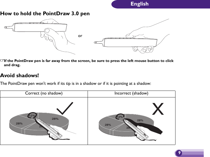 9EnglishHow to hold the PointDraw 3.0 penIf the PointDraw pen is far away from the screen, be sure to press the left mouse button to click and drag.Avoid shadows!The PointDraw pen won&apos;t work if its tip is in a shadow or if it is pointing at a shadow:Correct (no shadow) Incorrect (shadow)or28%12%28%28%28%12%28%X28%