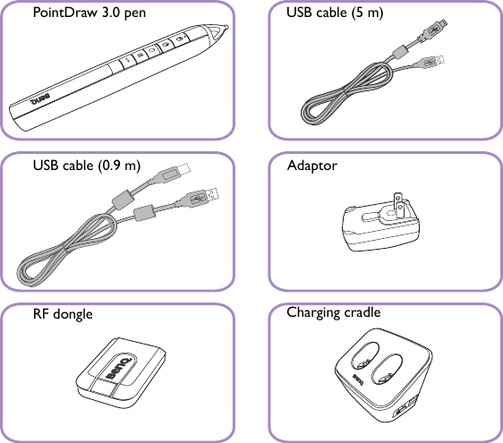 PointDraw 3.0 pen USB cable (5 m)USB cable (0.9 m) AdaptorCharging cradleRF dongle