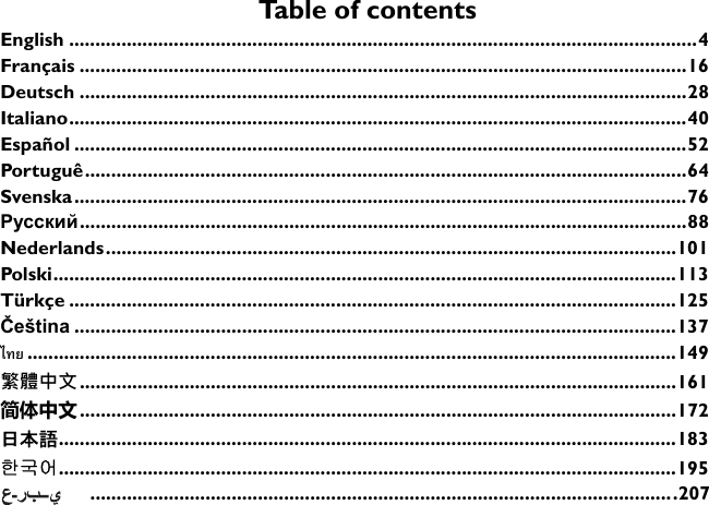 Table of contentsEnglish ........................................................................................................................4Français ....................................................................................................................16Deutsch ....................................................................................................................28Italiano......................................................................................................................40Español .....................................................................................................................52Portuguê...................................................................................................................64Svenska.....................................................................................................................76Русский....................................................................................................................88Nederlands.............................................................................................................101Polski.......................................................................................................................113Türkçe ....................................................................................................................125Čeština ...................................................................................................................137ไทย ............................................................................................................................149繁體中文..................................................................................................................161简体中文..................................................................................................................172日本語......................................................................................................................183한국어......................................................................................................................195................................................................................................................207