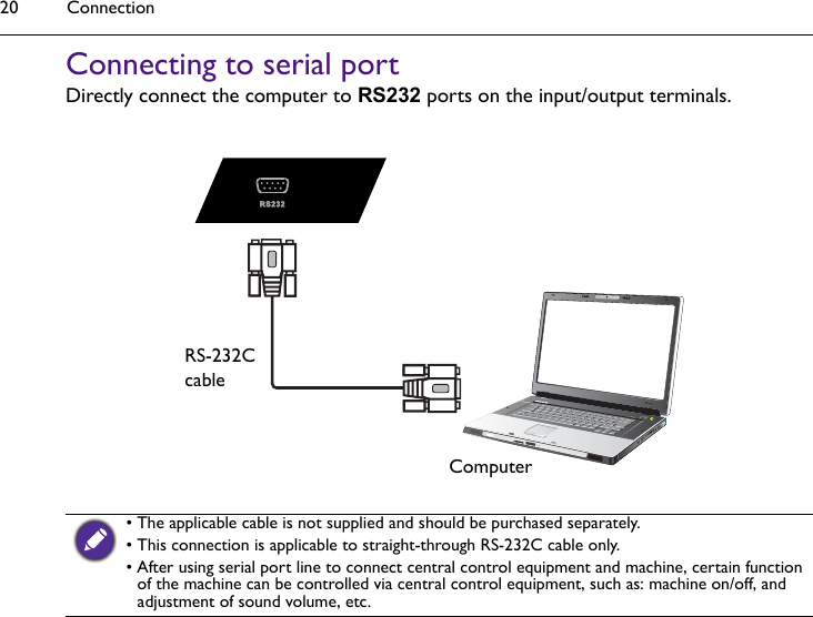 Connection20Connecting to serial portDirectly connect the computer to RS232 ports on the input/output terminals.• The applicable cable is not supplied and should be purchased separately.• This connection is applicable to straight-through RS-232C cable only.• After using serial port line to connect central control equipment and machine, certain function of the machine can be controlled via central control equipment, such as: machine on/off, and adjustment of sound volume, etc.ComputerRS-232Ccable