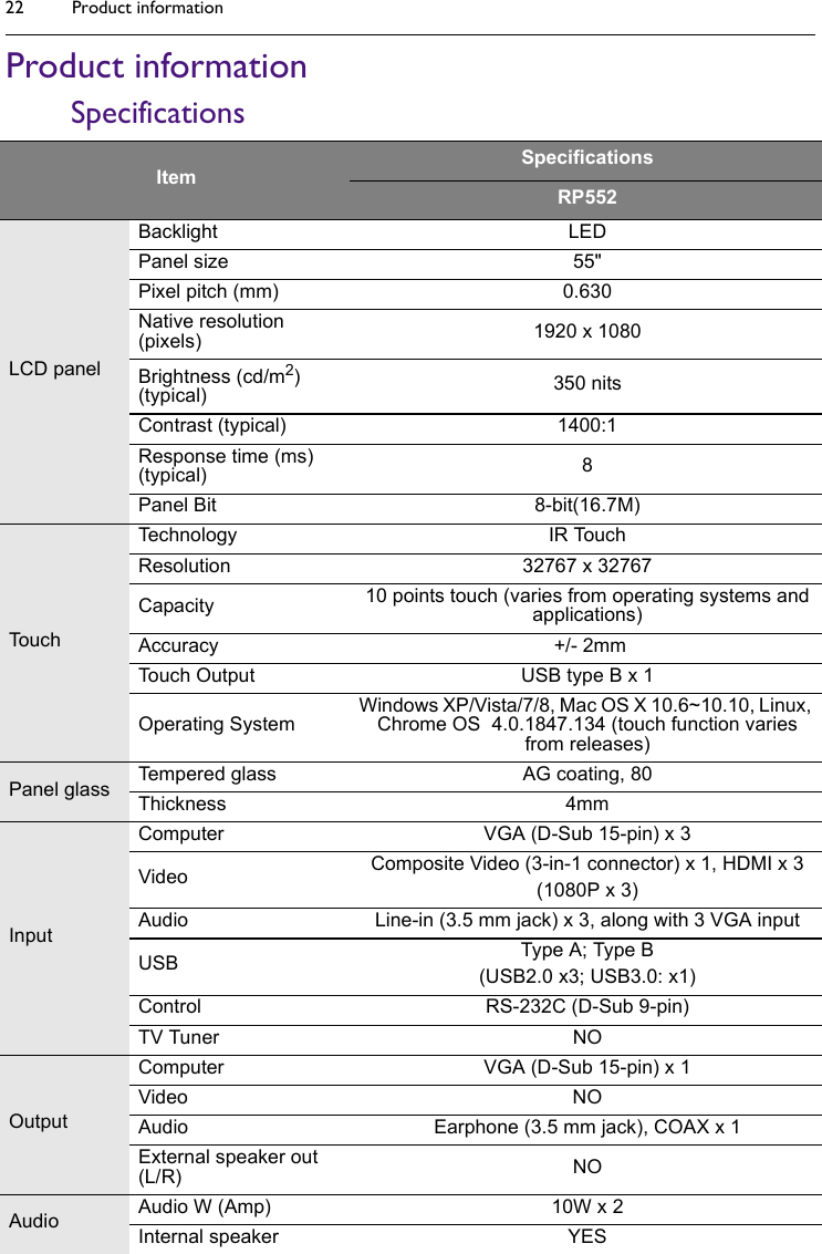 Product information22Product informationSpecificationsItemSpecificationsRP552LCD panelBacklight LEDPanel size 55&quot;Pixel pitch (mm) 0.630Native resolution (pixels) 1920 x 1080Brightness (cd/m2) (typical) 350 nitsContrast (typical) 1400:1Response time (ms) (typical) 8Panel Bit 8-bit(16.7M)Touc hTec h no l og y IR  To uc hResolution 32767 x 32767Capacity 10 points touch (varies from operating systems and applications)Accuracy  +/- 2mmTouch Output USB type B x 1Operating SystemWindows XP/Vista/7/8, Mac OS X 10.6~10.10, Linux, Chrome OS  4.0.1847.134 (touch function varies from releases)Panel glass Tempered glass AG coating, 80Thickness 4mmInputComputer VGA (D-Sub 15-pin) x 3Video Composite Video (3-in-1 connector) x 1, HDMI x 3(1080P x 3)Audio Line-in (3.5 mm jack) x 3, along with 3 VGA inputUSB Type A; Type B(USB2.0 x3; USB3.0: x1)Control RS-232C (D-Sub 9-pin)TV Tuner NOOutputComputer VGA (D-Sub 15-pin) x 1Video NOAudio Earphone (3.5 mm jack), COAX x 1External speaker out (L/R) NOAudio Audio W (Amp) 10W x 2Internal speaker YES