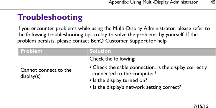 Appendix: Using Multi-Display Administrator 45TroubleshootingIf you encounter problems while using the Multi-Display Administrator, please refer to the following troubleshooting tips to try to solve the problems by yourself. If the problem persists, please contact BenQ Customer Support for help.Problem SolutionCannot connect to the display(s)Check the following:• Check the cable connection. Is the display correctly connected to the computer?• Is the display turned on?• Is the display’s network setting correct?7/15/15