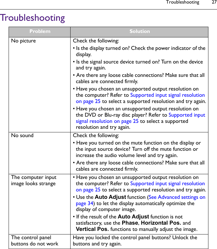 Troubleshooting 27TroubleshootingProblem SolutionNo picture Check the following:• Is the display turned on? Check the power indicator of the display.• Is the signal source device turned on? Turn on the device and try again.• Are there any loose cable connections? Make sure that all cables are connected firmly.• Have you chosen an unsupported output resolution on the computer? Refer to Supported input signal resolution on page 25 to select a supported resolution and try again.• Have you chosen an unsupported output resolution on the DVD or Blu-ray disc player? Refer to Supported input signal resolution on page 25 to select a supported resolution and try again.No sound Check the following:• Have you turned on the mute function on the display or the input source device? Turn off the mute function or increase the audio volume level and try again.• Are there any loose cable connections? Make sure that all cables are connected firmly.The computer input image looks strange • Have you chosen an unsupported output resolution on the computer? Refer to Supported input signal resolution on page 25 to select a supported resolution and try again.• Use the Auto Adjust function (See Advanced settings on page 34) to let the display automatically optimize the display of computer image.• If the result of the Auto Adjust function is not satisfactory, use the Phase, Horizontal Pos. and Vertical Pos. functions to manually adjust the image.The control panel buttons do not work Have you locked the control panel buttons? Unlock the buttons and try again.