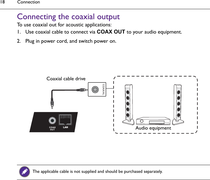 Connection18Connecting the coaxial outputTo use coaxial out for acoustic applications:1. Use coaxial cable to connect via COAX OUT to your audio equipment.2. Plug in power cord, and switch power on.The applicable cable is not supplied and should be purchased separately.LANCoaxial cable driveAudio equipment