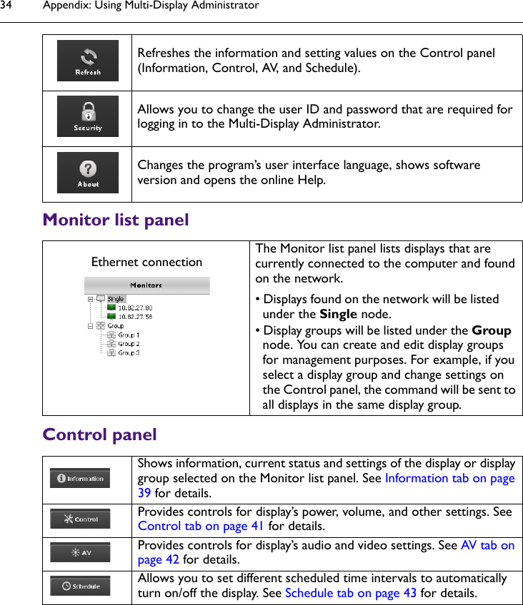 Appendix: Using Multi-Display Administrator34Monitor list panelControl panelRefreshes the information and setting values on the Control panel (Information, Control, AV, and Schedule).Allows you to change the user ID and password that are required for logging in to the Multi-Display Administrator.Changes the program’s user interface language, shows software version and opens the online Help.Ethernet connection The Monitor list panel lists displays that are currently connected to the computer and found on the network.• Displays found on the network will be listed under the Single node.• Display groups will be listed under the Group node. You can create and edit display groups for management purposes. For example, if you select a display group and change settings on the Control panel, the command will be sent to all displays in the same display group.Shows information, current status and settings of the display or display group selected on the Monitor list panel. See Information tab on page 39 for details.Provides controls for display’s power, volume, and other settings. See Control tab on page 41 for details.Provides controls for display’s audio and video settings. See AV tab on page 42 for details.Allows you to set different scheduled time intervals to automatically turn on/off the display. See Schedule tab on page 43 for details.