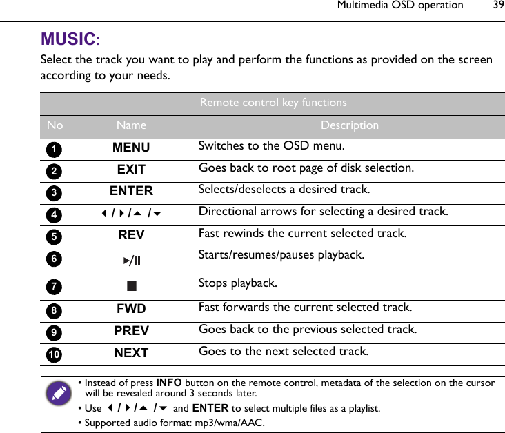 Multimedia OSD operation 39MUSIC: Select the track you want to play and perform the functions as provided on the screen according to your needs.Remote control key functionsNo Name DescriptionMENU Switches to the OSD menu.EXIT Goes back to root page of disk selection.ENTER Selects/deselects a desired track.// /Directional arrows for selecting a desired track.REV Fast rewinds the current selected track.Starts/resumes/pauses playback.Stops playback.FWD Fast forwards the current selected track.PREV Goes back to the previous selected track.NEXT Goes to the next selected track. 12345678910• Instead of press INFO button on the remote control, metadata of the selection on the cursor will be revealed around 3 seconds later. • Use // / and ENTER to select multiple files as a playlist.• Supported audio format: mp3/wma/AAC.