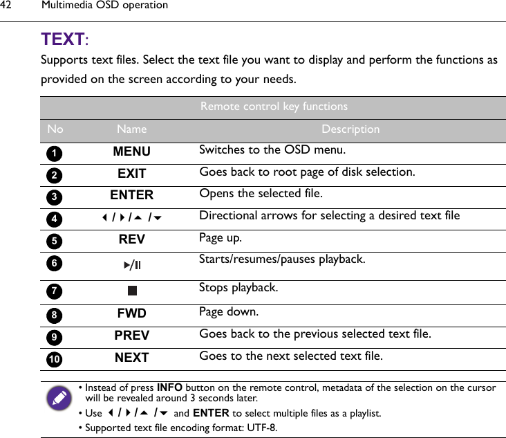 Multimedia OSD operation42TEXT: Supports text files. Select the text file you want to display and perform the functions as provided on the screen according to your needs.Remote control key functionsNo Name DescriptionMENU Switches to the OSD menu.EXIT Goes back to root page of disk selection.ENTER Opens the selected file.// /Directional arrows for selecting a desired text fileREV Page up.Starts/resumes/pauses playback.Stops playback.FWD Page down.PREV Goes back to the previous selected text file.NEXT Goes to the next selected text file.12345678910• Instead of press INFO button on the remote control, metadata of the selection on the cursor will be revealed around 3 seconds later. • Use // / and ENTER to select multiple files as a playlist.• Supported text file encoding format: UTF-8.