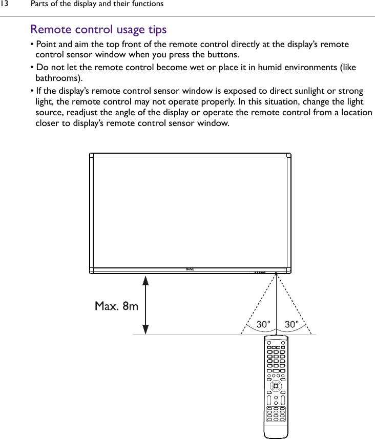 Parts of the display and their functions13Remote control usage tips• Point and aim the top front of the remote control directly at the display’s remote control sensor window when you press the buttons.• Do not let the remote control become wet or place it in humid environments (like bathrooms).• If the display’s remote control sensor window is exposed to direct sunlight or strong light, the remote control may not operate properly. In this situation, change the light source, readjust the angle of the display or operate the remote control from a location closer to display’s remote control sensor window.