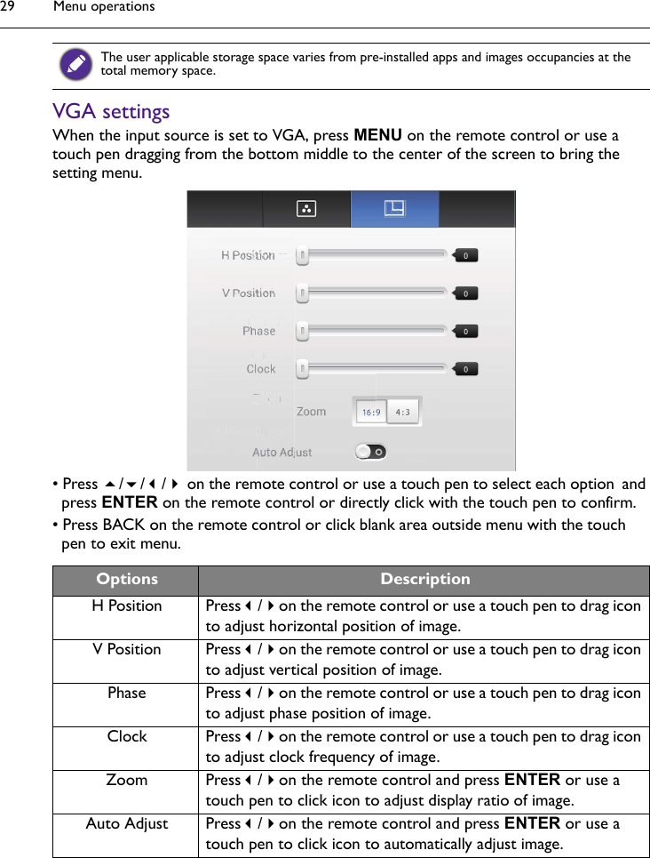 Menu operations29VGA settingsWhen the input source is set to VGA, press MENU on the remote control or use a touch pen dragging from the bottom middle to the center of the screen to bring the setting menu.• Press /// on the remote control or use a touch pen to select each option and press ENTER on the remote control or directly click with the touch pen to confirm.• Press BACK on the remote control or click blank area outside menu with the touch pen to exit menu.The user applicable storage space varies from pre-installed apps and images occupancies at the total memory space.Options DescriptionH Position Press/on the remote control or use a touch pen to drag icon to adjust horizontal position of image.V Position Press/on the remote control or use a touch pen to drag icon to adjust vertical position of image.Phase Press/on the remote control or use a touch pen to drag icon to adjust phase position of image.Clock Press/on the remote control or use a touch pen to drag icon to adjust clock frequency of image.Zoom Press/on the remote control and press ENTER or use a touch pen to click icon to adjust display ratio of image.Auto Adjust Press/on the remote control and press ENTER or use a touch pen to click icon to automatically adjust image.≪ᒩփ〱㕟᭴H PositionV PositionPhaseClockZoomAuto Adjust≪≪≪≪≪≪≪≪≪≪≪≪≪≪≪≪≪≪≪≪≪ᒩᒩᒩᒩᒩᒩᒩᒩᒩᒩᒩᒩᒩᒩᒩᒩᒩᒩᒩᒩᒩᒩᒩփփփփփփփփփփփփփփփփփփփփփ〱㕟᭴HHHHHHHHHPPPPPPPPPPPPPPPPPPPPPPPPPPPPPPPPPPPPPPPPPPPP≪≪≪≪≪≪≪≪≪≪≪≪≪≪≪≪≪≪≪≪≪≪≪≪≪≪≪≪≪≪≪≪≪≪≪≪≪≪≪≪≪≪≪≪≪≪≪≪≪≪≪≪≪≪≪≪≪≪≪≪≪≪≪≪≪≪≪≪≪≪≪≪≪≪≪≪≪ssssssssᒩᒩᒩᒩᒩᒩᒩᒩᒩᒩᒩᒩᒩᒩᒩᒩᒩᒩᒩᒩᒩᒩᒩᒩᒩᒩᒩᒩᒩᒩᒩiᒩᒩᒩᒩᒩᒩᒩᒩᒩᒩᒩᒩᒩᒩᒩᒩᒩᒩᒩᒩᒩᒩᒩᒩᒩᒩᒩᒩᒩtttttttttttttttttttttᒩᒩᒩᒩᒩᒩᒩᒩᒩᒩᒩᒩᒩᒩᒩᒩᒩᒩᒩփփփփփփփփփփփփiiiiiiiiփփփփփփփփփփփփփփփփփփփփփփoփփփփփփփփփփփփփփփփփփփփ〱〱VVVVV VVV VV VVVVVVVVVVVPPPPPPPPPPPPPPPPPPPPPPPPooooooooooooooooooosssssssssssssssssssiiittttttttttttttttttiiiiiiiiiiiiioooooooooooooooooonnPPPPPPPPPhaseClockZZ㕟㕟o㕟㕟o᭴᭴m᭴᭴Auto Adjust