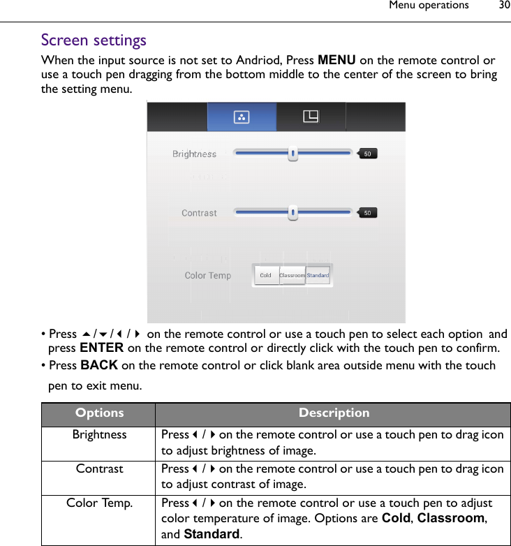 Menu operations 30Screen settingsWhen the input source is not set to Andriod, Press MENU on the remote control or use a touch pen dragging from the bottom middle to the center of the screen to bring the setting menu.• Press /// on the remote control or use a touch pen to select each option and press ENTER on the remote control or directly click with the touch pen to confirm.• Press BACK on the remote control or click blank area outside menu with the touch pen to exit menu.Options DescriptionBrightness Press/on the remote control or use a touch pen to drag icon to adjust brightness of image.Contrast Press/on the remote control or use a touch pen to drag icon to adjust contrast of image.Color Temp. Press/on the remote control or use a touch pen to adjust color temperature of image. Options are Cold, Classroom, and Standard.BrightnessContrastHueColor TempSharpnessCold StandardClassroomBBBBBBBBBBBBBBBBBBBBBBBrrrrrrrrrrrrrrrrrrrrrriiiiiiiiiiiiiiigggggggggggggggggggggggggggggggggggghhhhhhhhhhhhhhhhhhhhhtttttttttttttttttttttnnnnnnnnnnnnnnnnnnnnneeeeeeeeeeeeeeeeeeeeeessCContrastColoor TempColdStandardClassroom