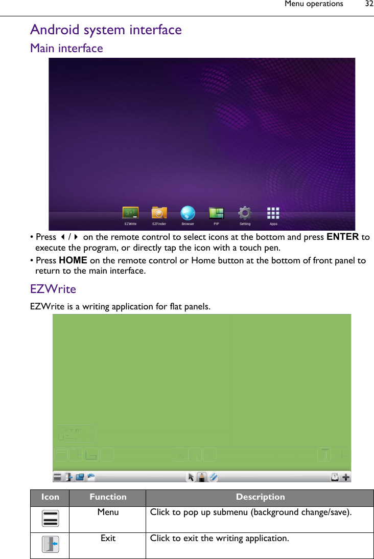 Menu operations 32Android system interfaceMain interface• Press / on the remote control to select icons at the bottom and press ENTER to execute the program, or directly tap the icon with a touch pen.• Press HOME on the remote control or Home button at the bottom of front panel to return to the main interface.EZWriteEZWrite is a writing application for flat panels.Icon Function DescriptionMenu Click to pop up submenu (background change/save).Exit Click to exit the writing application.oundound