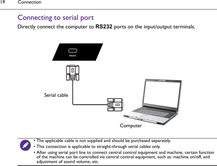 Connection19Connecting to serial portDirectly connect the computer to RS232 ports on the input/output terminals.• The applicable cable is not supplied and should be purchased separately.• This connection is applicable to straight-through serial cables only.• After using serial port line to connect central control equipment and machine, certain function of the machine can be controlled via central control equipment, such as: machine on/off, and adjustment of sound volume, etc.Serial cableComputer