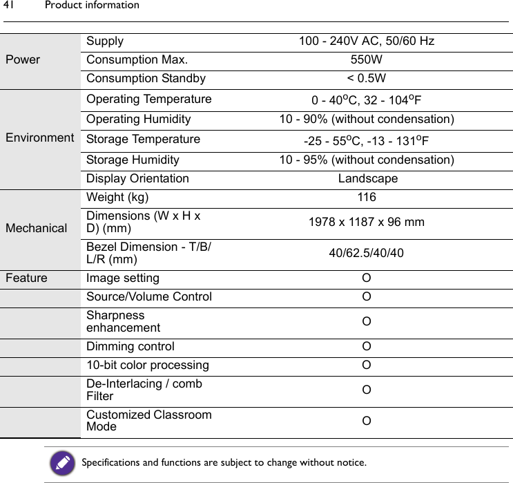 Product information41PowerSupply 100 - 240V AC, 50/60 HzConsumption Max. 550WConsumption Standby &lt; 0.5WEnvironmentOperating Temperature 0 - 40oC, 32 - 104oFOperating Humidity 10 - 90% (without condensation)Storage Temperature -25 - 55oC, -13 - 131oFStorage Humidity 10 - 95% (without condensation)Display Orientation  LandscapeMechanicalWeight (kg) 116Dimensions (W x H x D) (mm) 1978 x 1187 x 96 mmBezel Dimension - T/B/L/R (mm) 40/62.5/40/40Feature Image setting OSource/Volume Control OSharpness enhancement ODimming control  O10-bit color processing ODe-Interlacing / comb Filter OCustomized Classroom Mode OSpecifications and functions are subject to change without notice.