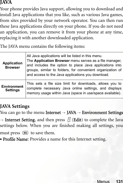 Menus 131JAVAYour phone provides Java support, allowing you to download andinstall Java applications that you like, such as various Java games,from sites provided by your network operator. You can then runthese Java applications directly on your phone. If you do not needan application, you can remove it from your phone at any time,replacing it with another downloaded application.The JAVA menu contains the following items:JAVA SettingsYou can go to the menu Internet → JAVA → Environment Settings→ Internet Setting, and then press  (Edit) to complete the Javasettings below. When you are finished making all settings, youmust press     to save them.•Profile Name: Provides a name for this Internet setting.Application BrowserAll Java applications will be listed in this menu.The Application Browser menu serves as a file manager,and includes the option to place Java applications intogroups, similar to folders, for convenient organization ofand access to the Java applications you download.Environment SettingsThis sets a file size limit for downloads, allows you tocomplete necessary Java online settings, and displaysmemory usage within Java (space in use/space available).