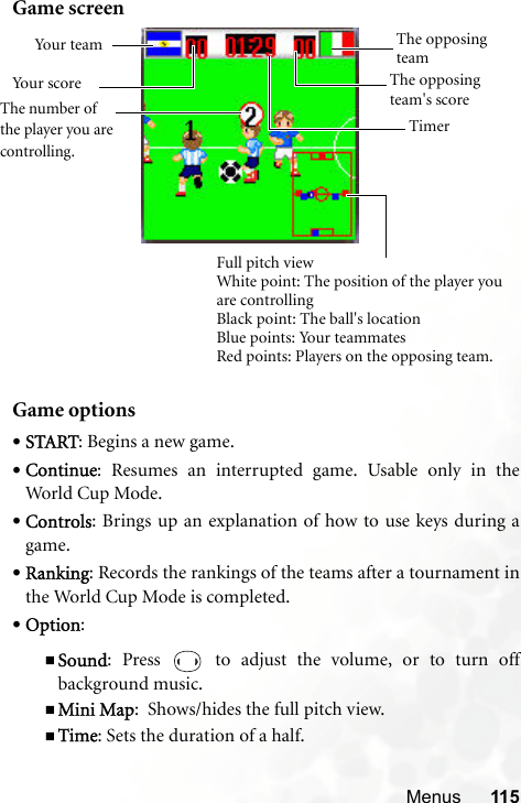 Menus 115Game screenGame options•START: Begins a new game.•Continue: Resumes an interrupted game. Usable only in theWorld Cup Mode.•Controls: Brings up an explanation of how to use keys during agame.•Ranking: Records the rankings of the teams after a tournament inthe World Cup Mode is completed.•Option: Sound: Press   to adjust the volume, or to turn offbackground music.Mini Map:  Shows/hides the full pitch view.Time: Sets the duration of a half.Full pitch viewWhite point: The position of the player you are controllingBlack point: The ball&apos;s locationBlue points: Your teammatesRed points: Players on the opposing team.The opposing teamYour  teamYour score The opposing team&apos;s scoreTimerThe number of the player you are controlling.