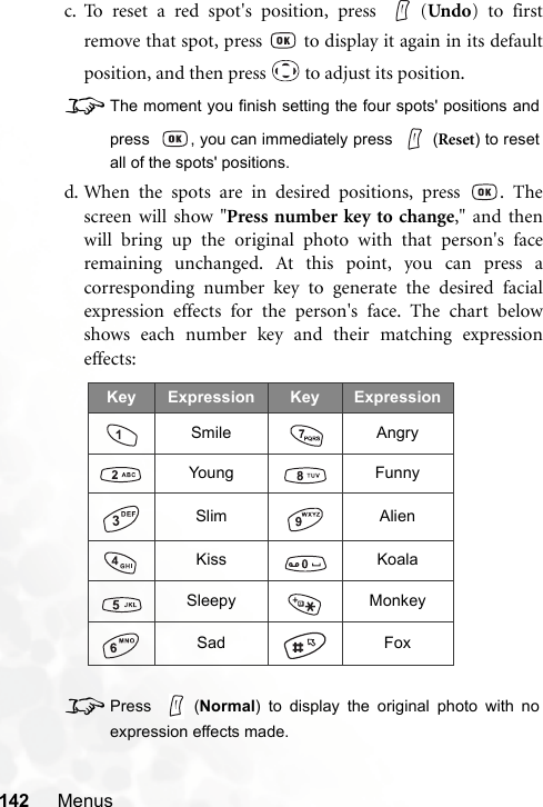 142 Menusc. To reset a red spot&apos;s position, press  (Undo) to firstremove that spot, press   to display it again in its defaultposition, and then press   to adjust its position.8The moment you finish setting the four spots&apos; positions andpress   , you can immediately press  (Reset) to resetall of the spots&apos; positions.d. When the spots are in desired positions, press  . Thescreen will show &quot;Press number key to change,&quot; and thenwill bring up the original photo with that person&apos;s faceremaining unchanged. At this point, you can press acorresponding number key to generate the desired facialexpression effects for the person&apos;s face. The chart belowshows each number key and their matching expressioneffects:8Press (Normal) to display the original photo with noexpression effects made.Key Expression Key ExpressionSmile AngryYoung FunnySlim AlienKiss KoalaSleepy MonkeySad Fox