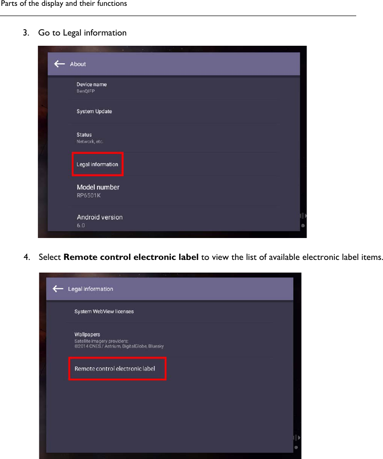 Parts of the display and their functions3. Go to Legal information4. Select Remote control electronic label to view the list of available electronic label items.