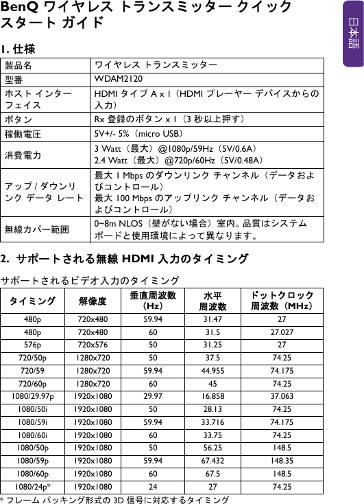 BenQ ワイヤレス トランスミッター クイック スタート ガイド1. 仕様2.  サポートされる無線 HDMI 入力のタイミングサポートされるビデオ入力のタイミング*フレーム パッキング形式の 3D 信号に対応するタイミング製品名 ワイヤレス トランスミッター型番 WDAM2120ホスト インターフェイスHDMI タイプ A x 1（HDMI プレーヤー デバイスからの入力）ボタン Rx 登録のボタン x 1（3 秒以上押す）稼働電圧 5V+/- 5%（micro USB）消費電力 3 Watt（最大）@1080p/59Hz（5V/0.6A）2.4 Watt（最大）@720p/60Hz（5V/0.48A）アップ /ダウンリンク データ レート最大 1 Mbps のダウンリンク チャンネル（データおよびコントロール）最大 100 Mbps のアップリンク チャンネル（データおよびコントロール）無線カバー範囲 0~8m NLOS（壁がない場合）室内。 品質はシステム ボードと使用環境によって異なります。タイミング 解像度 垂直周波数（Hz）水平周波数ドットクロック周波数（MHz）480p 720x480 59.94 31.47 27480p 720x480 60 31.5 27.027576p 720x576 50 31.25 27720/50p 1280x720 50 37.5 74.25720/59 1280x720 59.94 44.955 74.175720/60p 1280x720 60 45 74.25 1080/29.97p 1920x1080 29.97 16.858 37.0631080/50i 1920x1080 50 28.13 74.251080/59i 1920x1080 59.94 33.716 74.1751080/60i 1920x1080 60 33.75 74.251080/50p 1920x1080 50 56.25 148.51080/59p 1920x1080 59.94 67.432 148.351080/60p 1920x1080 60 67.5 148.51080/24p* 1920x1080 24 27 74.25
