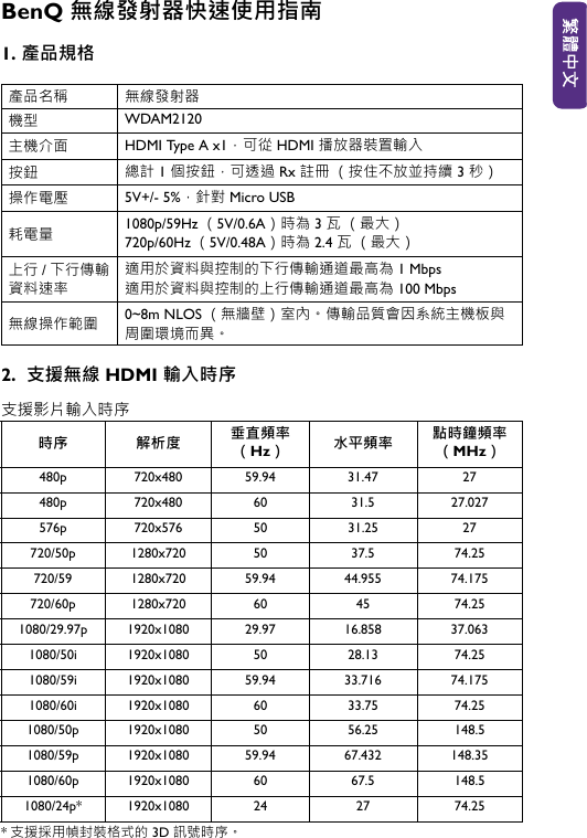 BenQ 無線發射器快速使用指南1. 產品規格2.  支援無線 HDMI 輸入時序支援影片輸入時序*支援採用幀封裝格式的 3D 訊號時序。產品名稱 無線發射器機型 WDAM2120主機介面 HDMI Type A x1，可從 HDMI 播放器裝置輸入按鈕 總計 1 個按鈕，可透過 Rx 註冊 （按住不放並持續 3 秒） 操作電壓 5V+/- 5%，針對 Micro USB耗電量 1080p/59Hz （5V/0.6A）時為 3 瓦（最大）720p/60Hz （5V/0.48A）時為 2.4 瓦 （最大）上行 /下行傳輸資料速率適用於資料與控制的下行傳輸通道最高為 1 Mbps適用於資料與控制的上行傳輸通道最高為 100 Mbps無線操作範圍 0~8m NLOS （無牆壁）室內。 傳輸品質會因系統主機板與周圍環境而異。時序 解析度 垂直頻率（Hz）水平頻率 點時鐘頻率（MHz）480p 720x480 59.94 31.47 27480p 720x480 60 31.5 27.027576p 720x576 50 31.25 27720/50p 1280x720 50 37.5 74.25720/59 1280x720 59.94 44.955 74.175720/60p 1280x720 60 45 74.25 1080/29.97p 1920x1080 29.97 16.858 37.0631080/50i 1920x1080 50 28.13 74.251080/59i 1920x1080 59.94 33.716 74.1751080/60i 1920x1080 60 33.75 74.251080/50p 1920x1080 50 56.25 148.51080/59p 1920x1080 59.94 67.432 148.351080/60p 1920x1080 60 67.5 148.51080/24p* 1920x1080 24 27 74.25