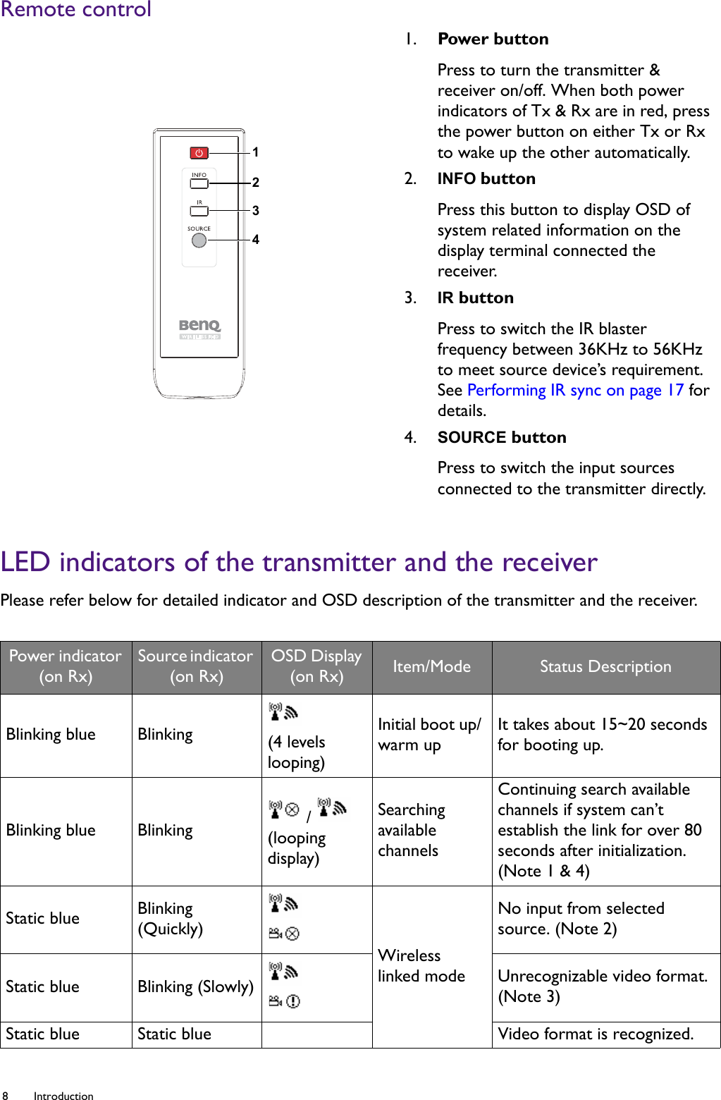 8 Introduction  Remote controlLED indicators of the transmitter and the receiverPlease refer below for detailed indicator and OSD description of the transmitter and the receiver.1. Power buttonPress to turn the transmitter &amp; receiver on/off. When both power indicators of Tx &amp; Rx are in red, press the power button on either Tx or Rx to wake up the other automatically.2. INFO buttonPress this button to display OSD of system related information on the display terminal connected the receiver. 3. IR buttonPress to switch the IR blaster frequency between 36KHz to 56KHz to meet source device’s requirement. See Performing IR sync on page 17 for details.4. SOURCE buttonPress to switch the input sources connected to the transmitter directly.Power indicator (on Rx)Source indicator (on Rx)OSD Display (on Rx) Item/Mode Status DescriptionBlinking blue Blinking (4 levels looping)Initial boot up/ warm upIt takes about 15~20 seconds for booting up.Blinking blue Blinking  / (looping display)Searching available channelsContinuing search available channels if system can’t establish the link for over 80 seconds after initialization. (Note 1 &amp; 4)Static blue Blinking (Quickly)Wireless linked modeNo input from selected source. (Note 2)Static blue Blinking (Slowly) Unrecognizable video format. (Note 3)Static blue Static blue Video format is recognized.1234