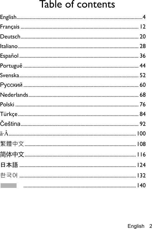 English 2Table of contentsEnglish...............................................................................................4Français ......................................................................................... 12Deutsch......................................................................................... 20Italiano........................................................................................... 28Español .......................................................................................... 36Portuguê ....................................................................................... 44Svenska.......................................................................................... 52Русский ....................................................................................... 60Nederlands................................................................................... 68Polski ............................................................................................. 76Türkçe........................................................................................... 84Čeština......................................................................................... 92ä·Â................................................................................................ 100繁體中文.................................................................................... 108简体中文.................................................................................... 116日本語 ........................................................................................ 124한국어 ........................................................................................ 132..................................................................................... 140