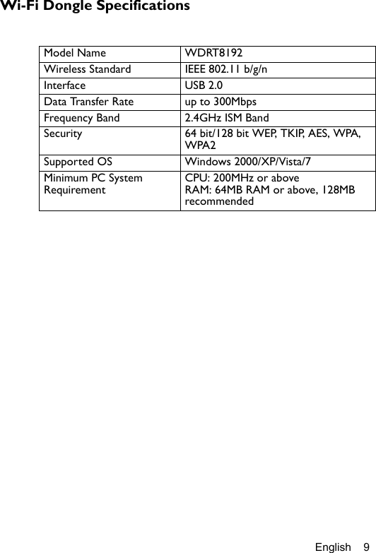 English 9Wi-Fi Dongle SpecificationsModel Name WDRT8192Wireless Standard IEEE 802.11 b/g/nInterface USB 2.0Data Transfer Rate up to 300MbpsFrequency Band 2.4GHz ISM BandSecurity 64 bit/128 bit WEP, TKIP, AES, WPA, WPA2Supported OS Windows 2000/XP/Vista/7Minimum PC System RequirementCPU: 200MHz or aboveRAM: 64MB RAM or above, 128MB recommended