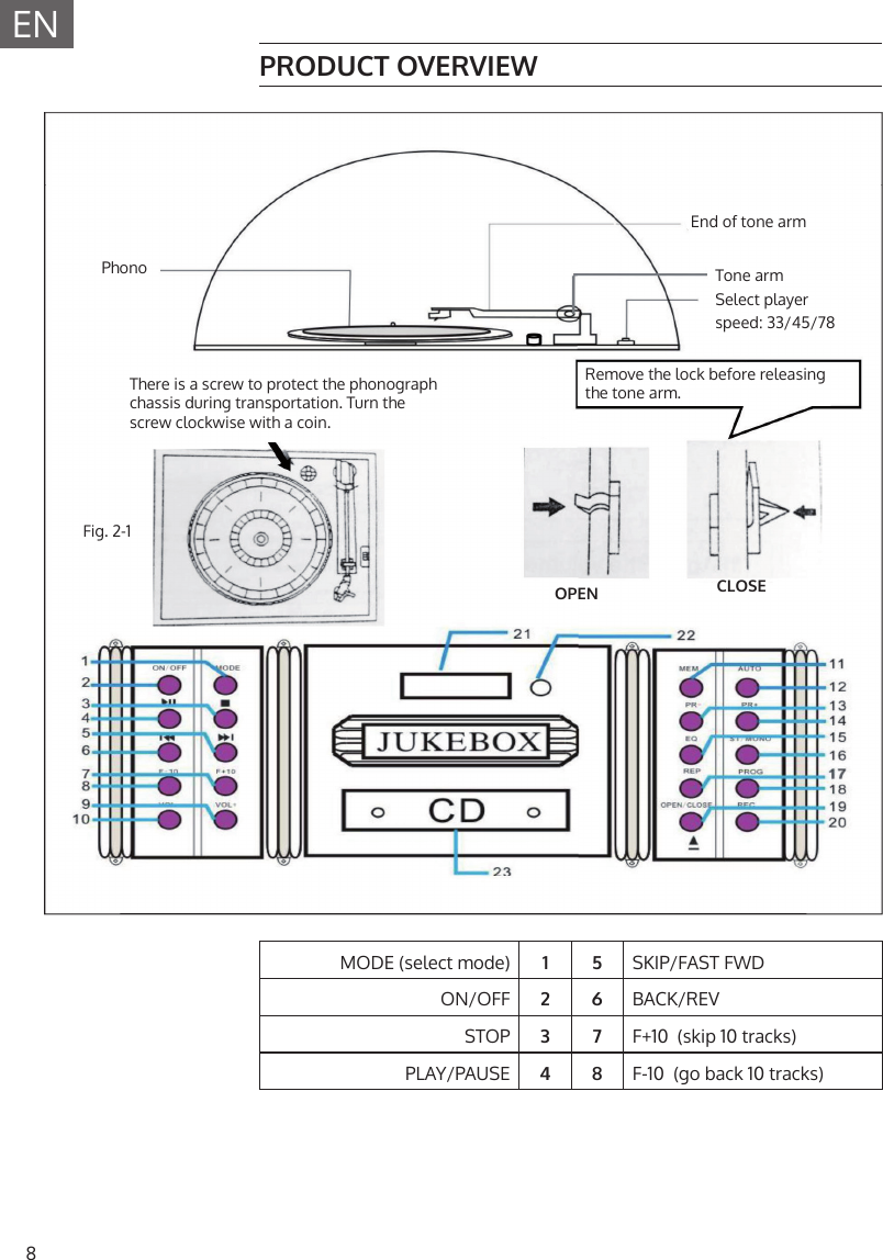 8EN PRODUCT  OVERVIEWMODE (select mode) 1 5 SKIP/FAST FWDON/OFF 2 6 BACK/REVSTOP 3 7 F+10  (skip 10 tracks)PLAY/PAUSE 4 8 F-10  (go back 10 tracks)PhonoFig. 2-1End of tone armOPEN CLOSERemove the lock before releasing the tone arm.There is a screw to protect the phonograph chassis during transportation. Turn thescrew clockwise with a coin.Tone armSelect player speed: 33/45/78